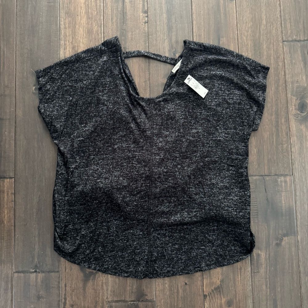 Express One Eleven Black Heathered Active Open Back Cap Sleeve Ruched Top S NWT